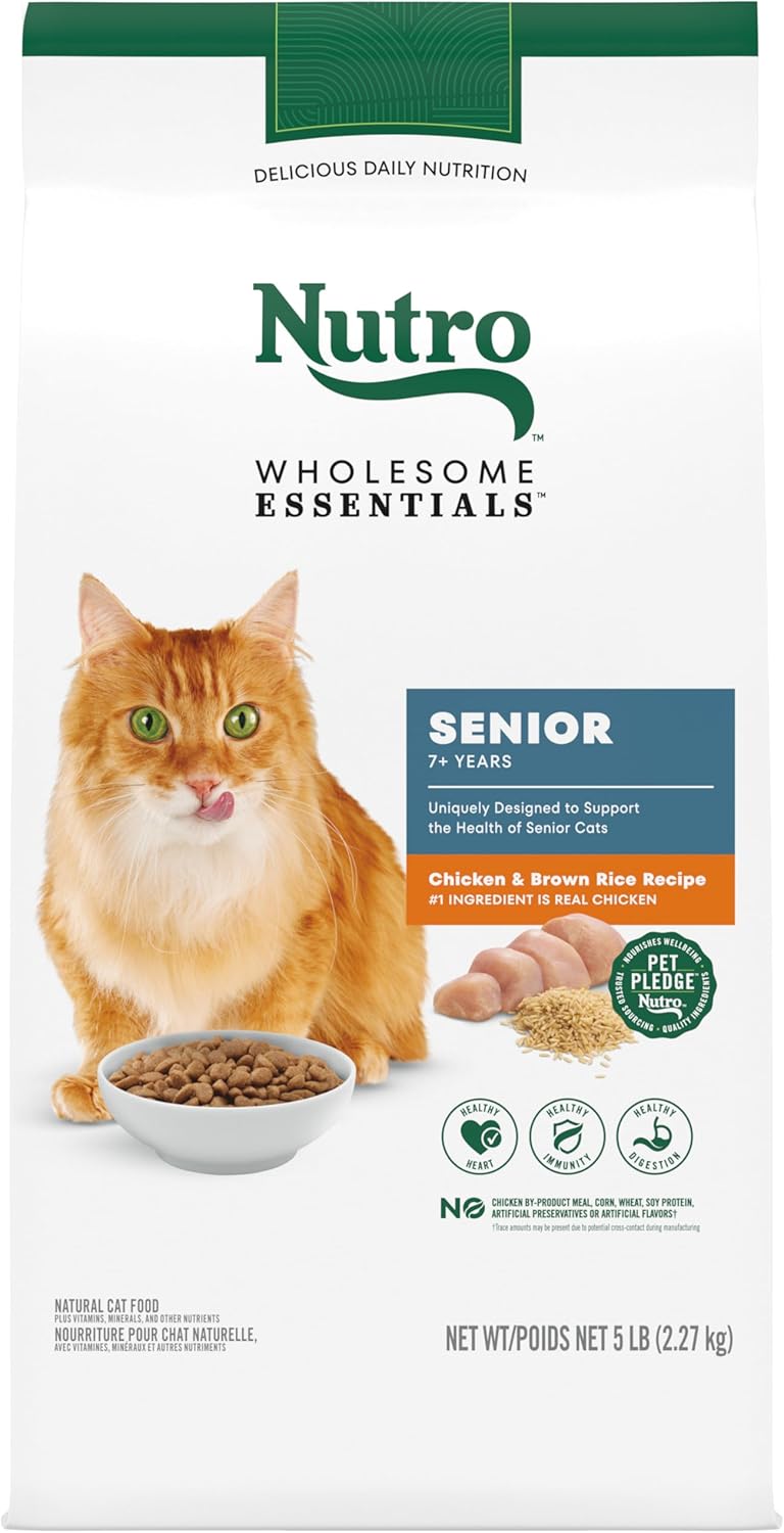 NUTRO WHOLESOME ESSENTIALS Natural Dry Cat Food, Senior Cat Chicken & Brown Rice Recipe , Kibble, 5 lb. Bag