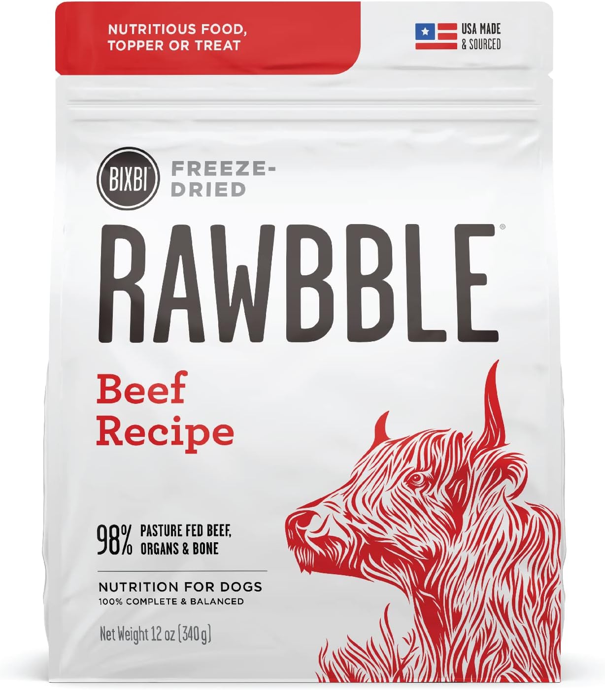 BIXBI Rawbble Freeze Dried Dog Food, Beef Recipe, 12 oz - 98% Meat and Organs, No Fillers - Pantry-Friendly Raw Dog Food for Meal, Treat or Food Topper - USA Made in Small Batches