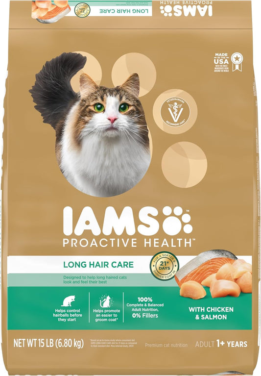 IAMS Proactive Health Long Hair Care Adult Dry Cat Food with Real Chicken & Salmon, 15 lb. Bag