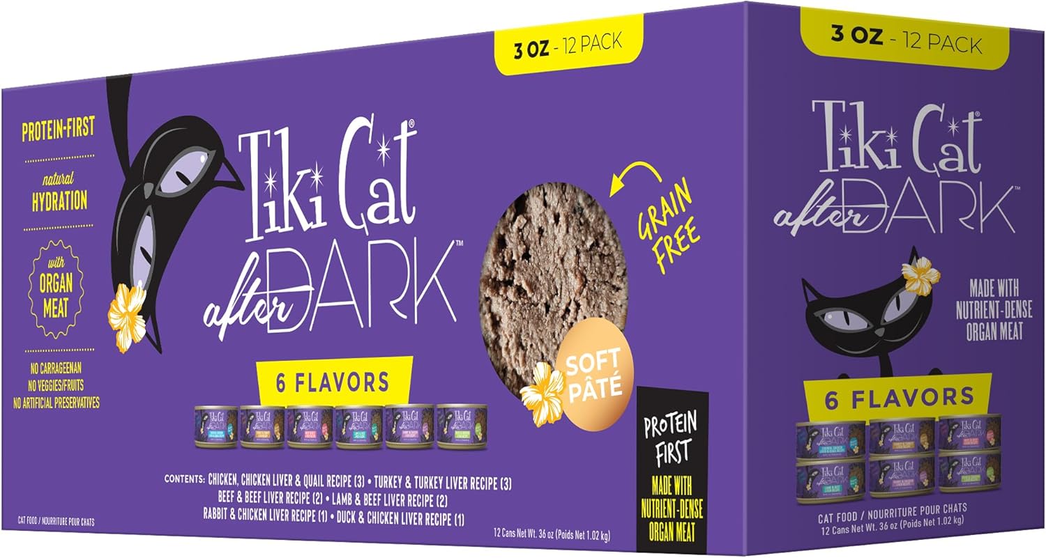 Tiki Cat After Dark Pâté, Variety Pack, High-Protein and 100% Non-GMO Ingredients, Wet Cat Food for Adult Cats, 3 oz. Cans (Pack of 12)