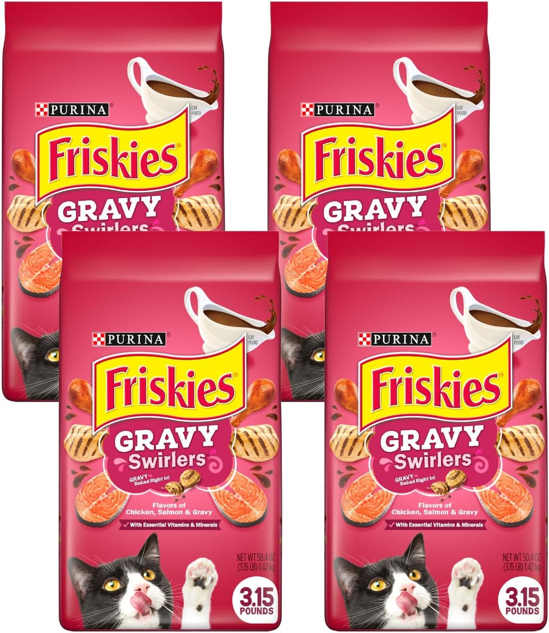 Purina Friskies Gravy Swirlers Dry Cat Food, Flavors of Chicken, Salmon & Gravy with Vitamins & Minerals, Cat Food for Adult Cats 3.15 pounds (Pack of 4)