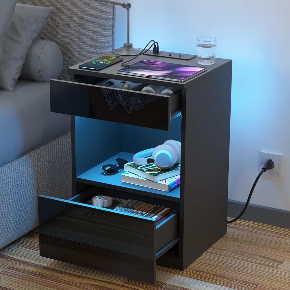 HOMMPA Open Shelf LED Nightstand with Charging Station 2 Drawers Bedside Table Black Night Stand with Storage Smart Nightstands High Gloss Night Table with Led Light for Bedroom Furniture