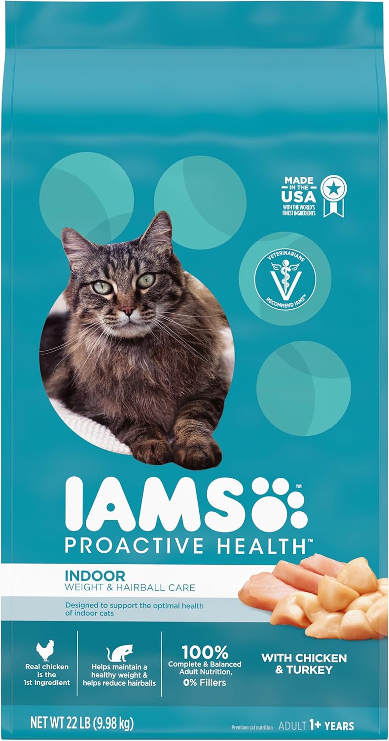 IAMS PROACTIVE HEALTH Adult Indoor Weight Control & Hairball Care Dry Cat Food with Chicken & Turkey Cat Kibble, 22 lb. Bag