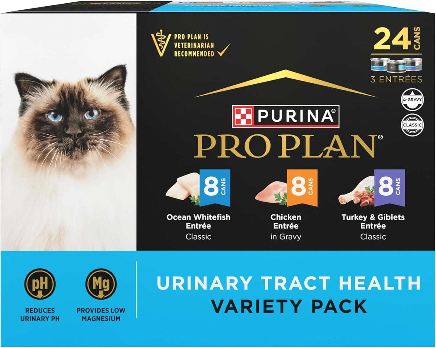 Purina Pro Plan Urinary Cat Food Wet Variety Pack Urinary Tract Health Ocean Whitefish, Chicken, Turkey and Giblets - (Pack of 24) 3 oz. Cans