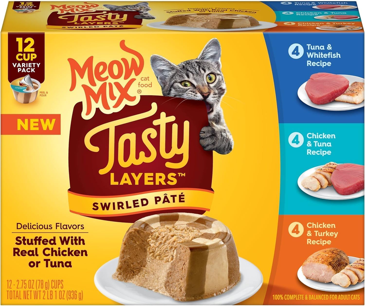 Meow Mix Tasty Layers Swirled Paté Wet Cat Food Variety Pack, 2.75 Ounce Cup (Pack of 48)