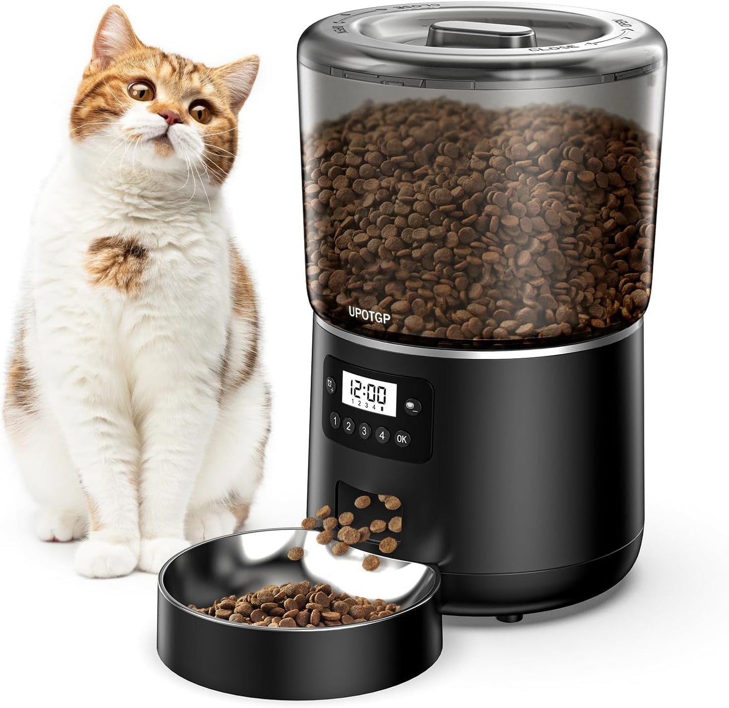 UPOTGP Automatic Cat Feeder, Cat Food Dispenser 4L, Cat Feeder Automatic 1-4 Meals\/Day, 1-9 Portions\/Meal Timed Cat Feeder, Automatic Pet Feeder for Cat Dog with Stainless Steel Feeding Bowl