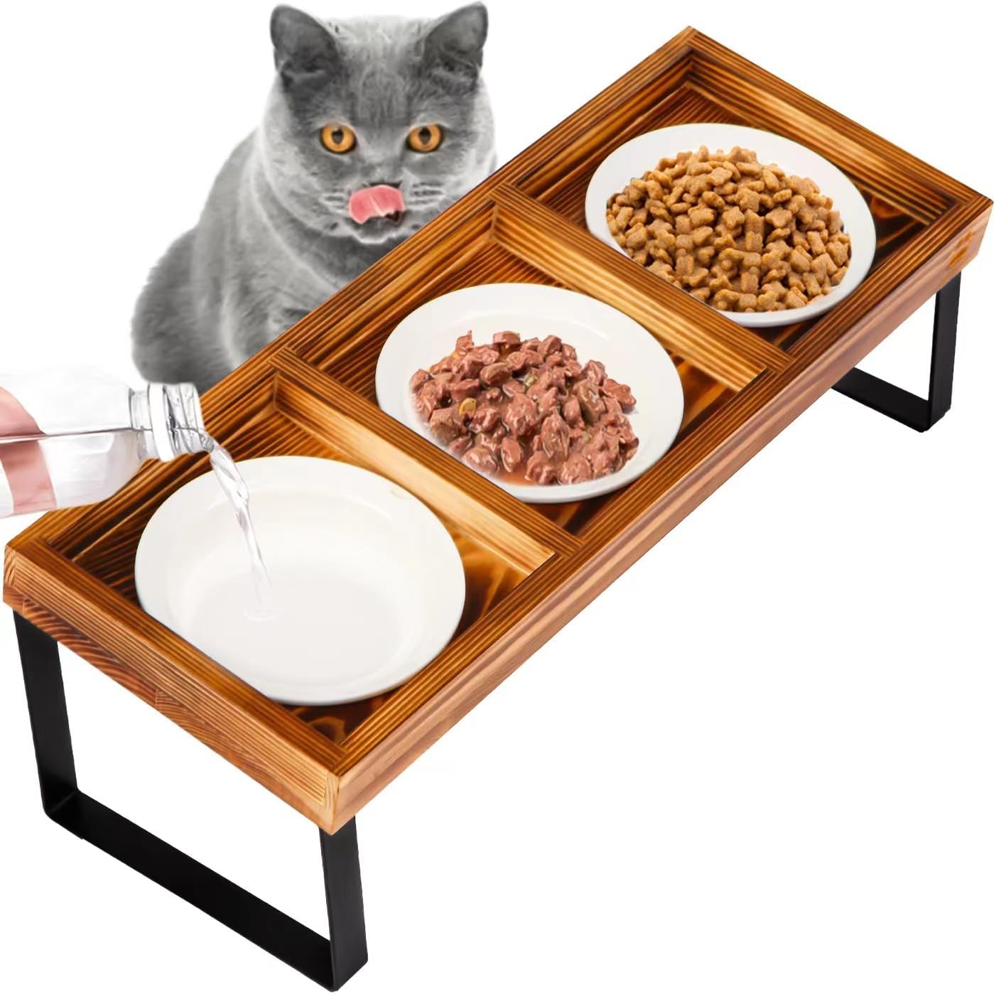 CHTSJQW Elevated Cat Ceramic Bowls, Large DIY 15° Tilted cat Food Bowl Set Raised for Indoor Cats Orthopedic Pet Carbonized Wooden Stand, Anti Vomiting 3 Bowl Cat Feeder Easy to Clean and Fill