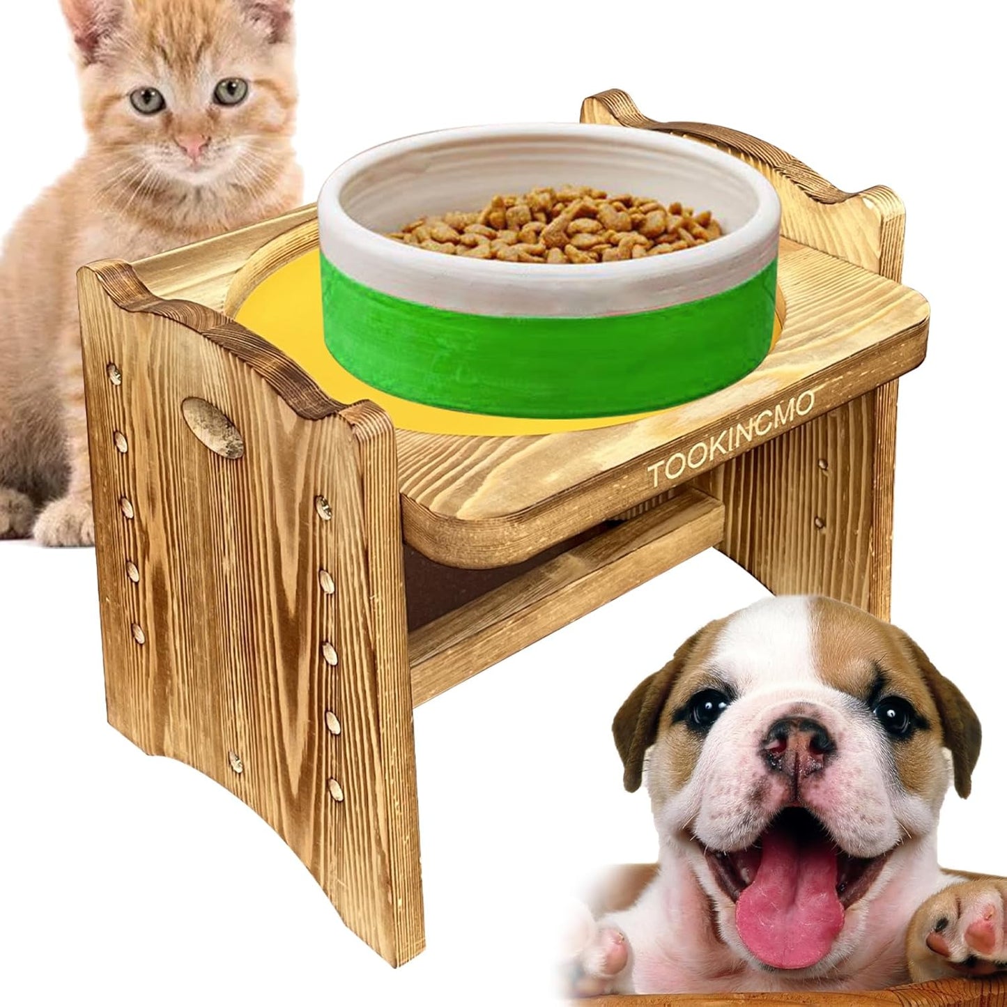 Cat\/Puppy Bowl Stand Wood, Raised cat Bowl Holder Single, Five Heights Adjustable Dog Bowl Stand for existing Bowls, with Waterproof mat(Dia 8.85" Platform, 7.4" The heightest)