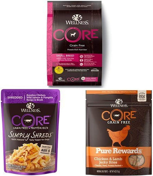 Wellness Core Small Breed Protein Pack: Includes Core Small Breed, Simply Shreds Chicken, Salmon & Pumpkin And Core Pure Rewards