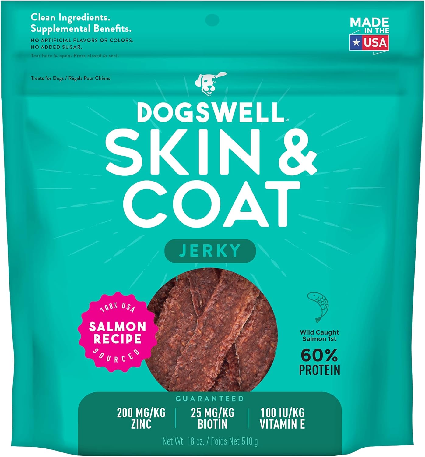 DOGSWELL Jerky Treats for Dogs, Skin and Coat Salmon Recipe 18 oz., 29235