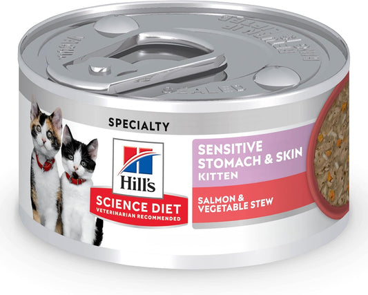 Hill's Science Diet Sensitive Stomach & Skin, Kitten, Stomach & Skin Sensitivity Support, Wet Cat Food, Salmon & Vegetables Stew, 2.8 oz Can, Case of 24