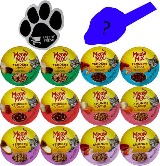 Meow Mix Magnet Bundle with Wet Cat Food Variety Bundle | 6 Flavors, (2) Cups Each(2.75 OZ.) Total of 12 Cups Plus Magnet and Mystery Mouse Toy.