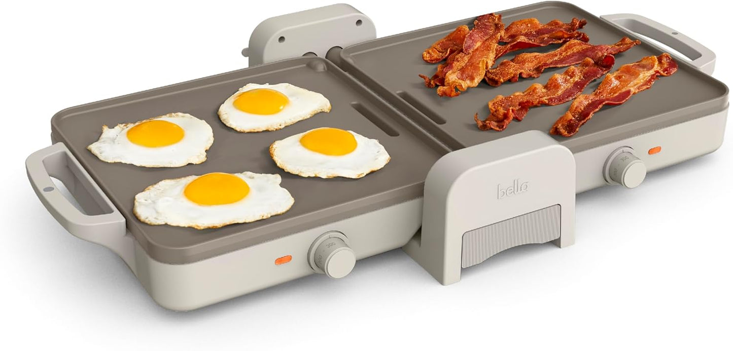 Bella 10"x 20" Ceramic Fold-n-Store Dual Temp Griddle, Fits-anywhere Kitchenware, EverGood Ceramic Nonstick Coating, 2 Temperature Zones up to 400°F\u200B, Dishwasher Safe Drip Tray, 1500 Watt, Oatmilk