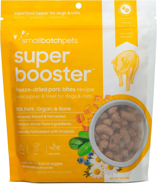 smallbatch Pets Freeze-Dried Super Booster Pork Bites for Dogs & Cats, 7 oz, Made in The USA, Humanely Raised Single Protein Source, Topper & Treat, with Organic Vegetables and Probiotics