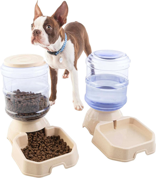 Automatic Cat Feeder and Water Dispenser - 2-Pack 3.8L/1G Dog Food and Water Bowl - Gravity Automatic Water Dispenser for Dogs and Cats by PETMAKER