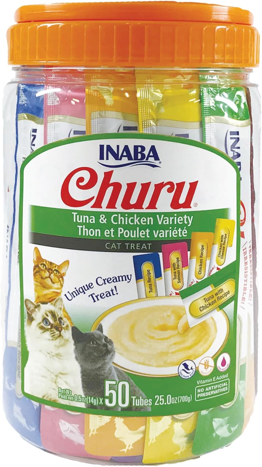 INABA Churu Cat Treats, Grain-Free, Lickable, Squeezable Creamy Purée Cat Treat\/Topper with Vitamin E & Taurine, 0.5 Ounces Each Tube, 50 Tubes, Tuna & Chicken Variety