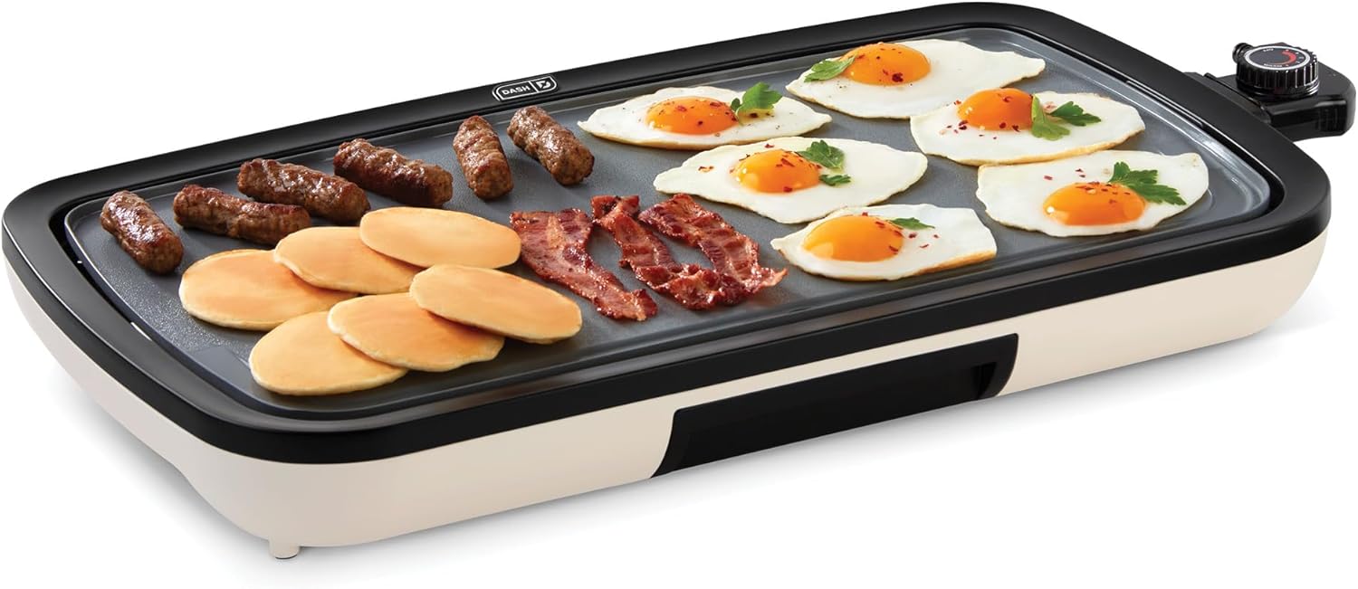 DASH Everyday Ceramic Electric Griddle for Pancakes, Burgers, Quesadillas, Eggs & other on the go Breakfast, Lunch & Snacks with Drip Tray + Included Recipe Book, 20in, 1500-Watt - Cream