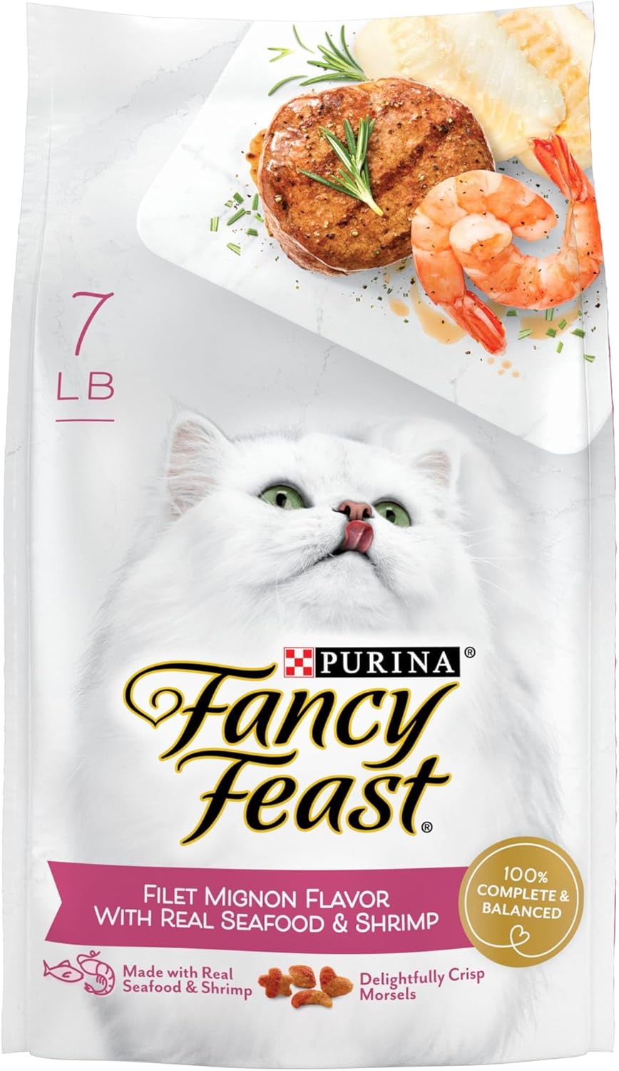 Purrina Fancy Feast Dry Cat Food Filet Mignon Flavor with Seafood and Shrimp - 7lb Bag - 100 Percent Complete and Balanced Nutrition