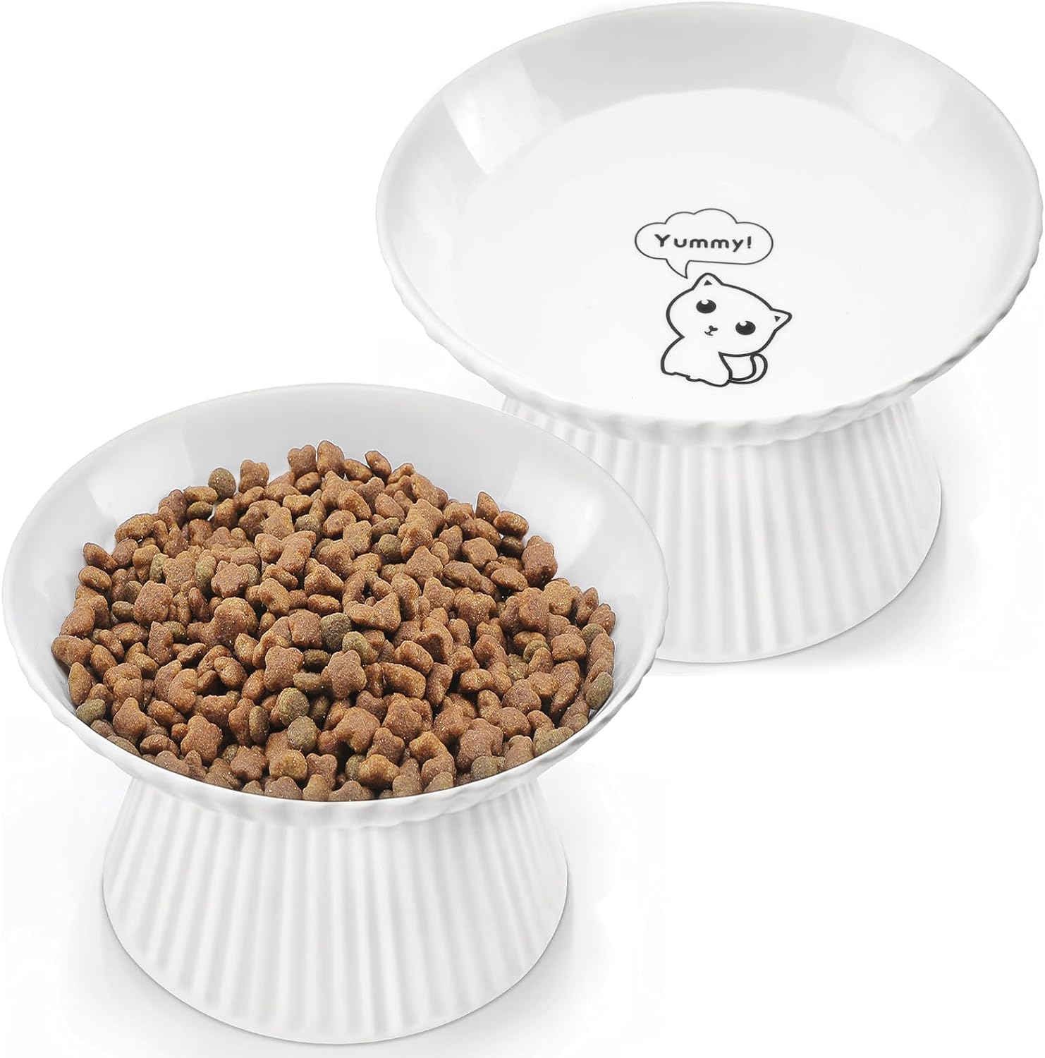 Upgraded 2 Ceramic Elevated Cat Bowls 6.5'' Extra Wide Raised Cat Food Bowls for Food and Water, Anti Vomiting, Cat Dishes for Indoor Cats, Whisker Friendly, Dishwasher & Microwave Safe