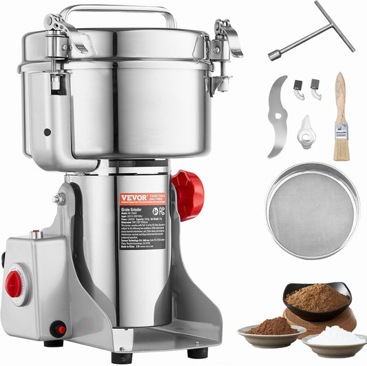 VEVOR 2500g Electric Grain Mill Grinder, High Speed 3400W Commercial Spice Grinders, Stainless Steel Pulverizer Powder Machine, for Dry Grains Spices Cereals Coffee Corn Pepper, Swing Type