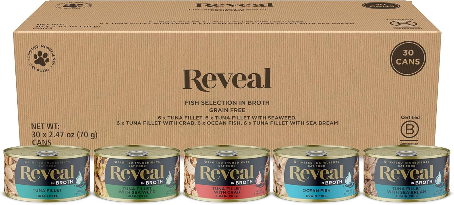 Reveal Natural Wet Cat Food, 30 Count, Grain Free, Limited Ingredient Canned Food for Cats, Fish Variety in Broth, 2.47 oz Cans