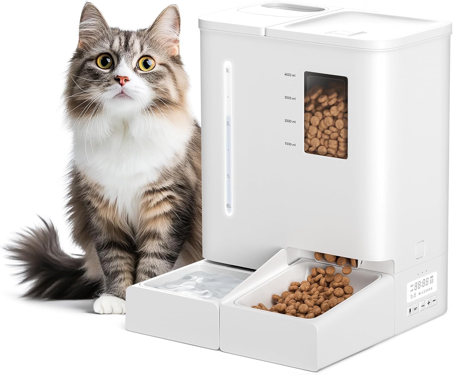 All in One Automatic Cat Feeder and Water Dispenser, 4L Cat Water Dispenser + 5L Cat Food Dispenser,Auto Cat Feeder with Freshness Preservation