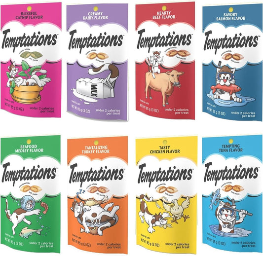 Temptation Classic Tasty Cat Treats Variety Pack 8 Flavors ( Tantalizing Turkey, Chicken, Hearty Beef, Tuna, Creamy Dairy, Blissful Catnip,Savory Salmon, Seafood Medley) 3oz Each with Petlewa Box