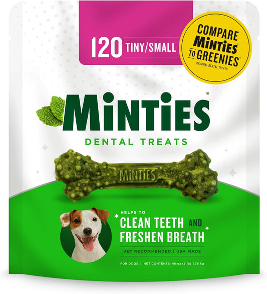 Minties Dental Chews for Dogs, 120 Count, Vet-Recommended Mint-Flavored Dental Treats for Tiny\/Small Dogs 5-24 lbs, Dental Bones Clean Teeth, Fight Bad Breath, and Removes Plaque and Tartar