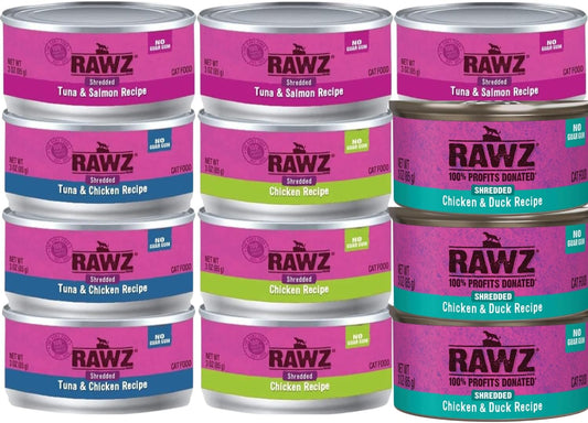 Rawz Natural Premium Canned Cat Wet Food Shredded -12 Pack Cans Variety Pack -4 Flavors - (Tuna & Salmon, Chicken & Duck, Tuna & Chicken, Chicken) Can Lid - (3oz Cans)