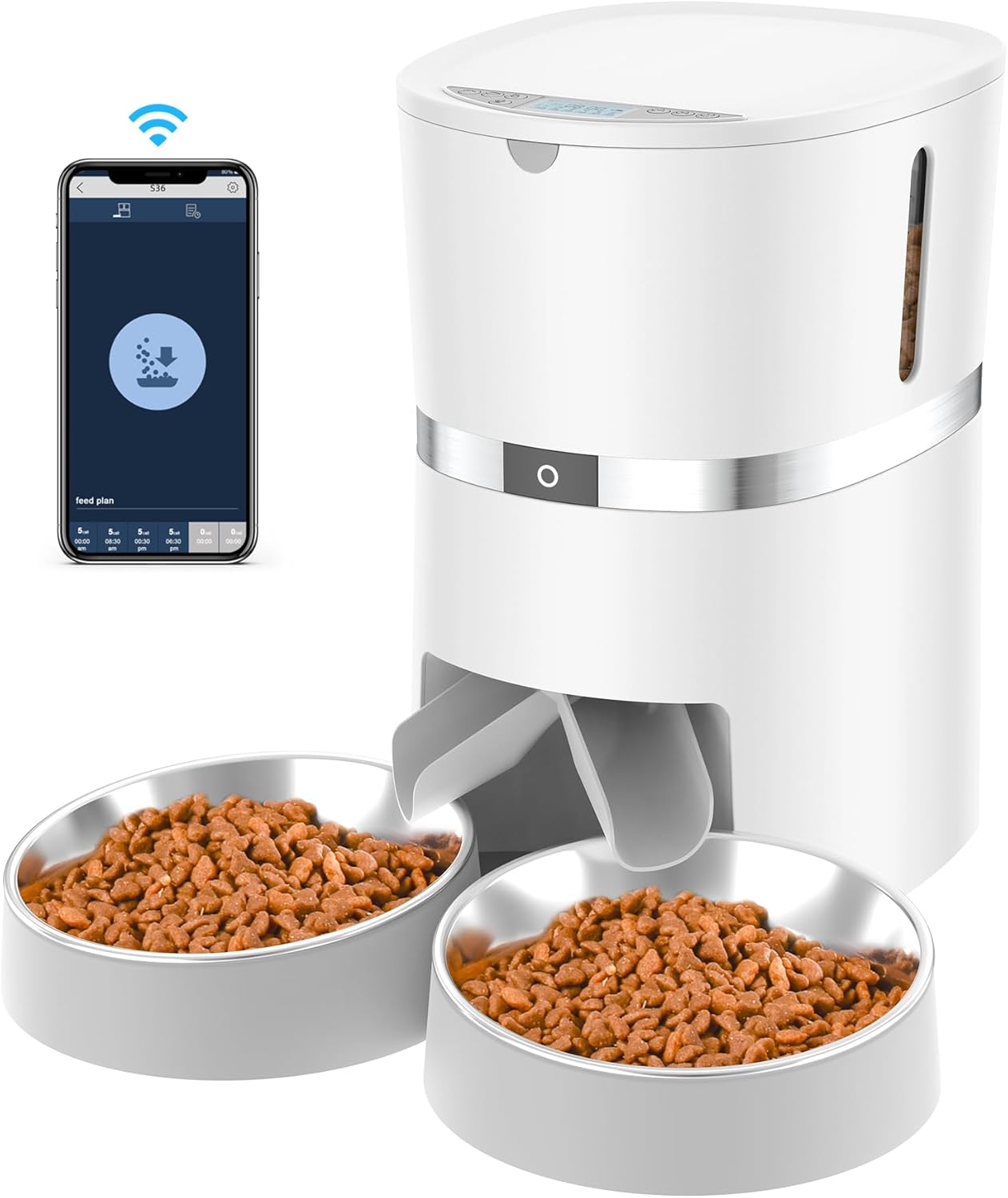 Automatic Cat Feeder, WellToBe Pet Feeder Food Dispenser for Cat & Small Dog with Two-Way Splitter and Double Bowls, up to 6 Meals with Portion Control, Voice Recorder - Battery and Plug-in Power