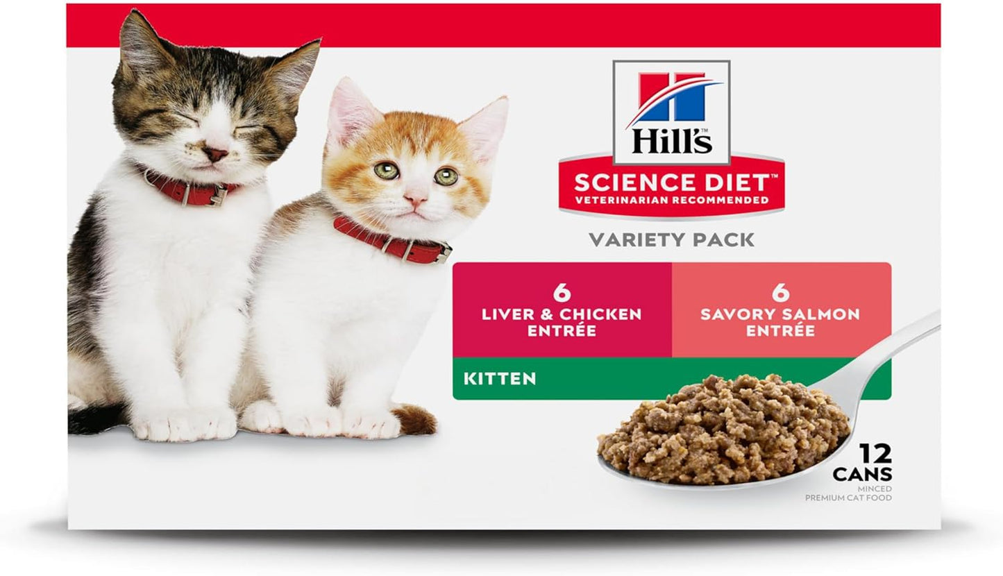 Hill's Science Diet Kitten, Kitten Premium Nutrition, Wet Cat Food, Variety Pack: Liver & Chicken; Salmon Minced, 2.9 oz Can Variety Pack, Case of 12