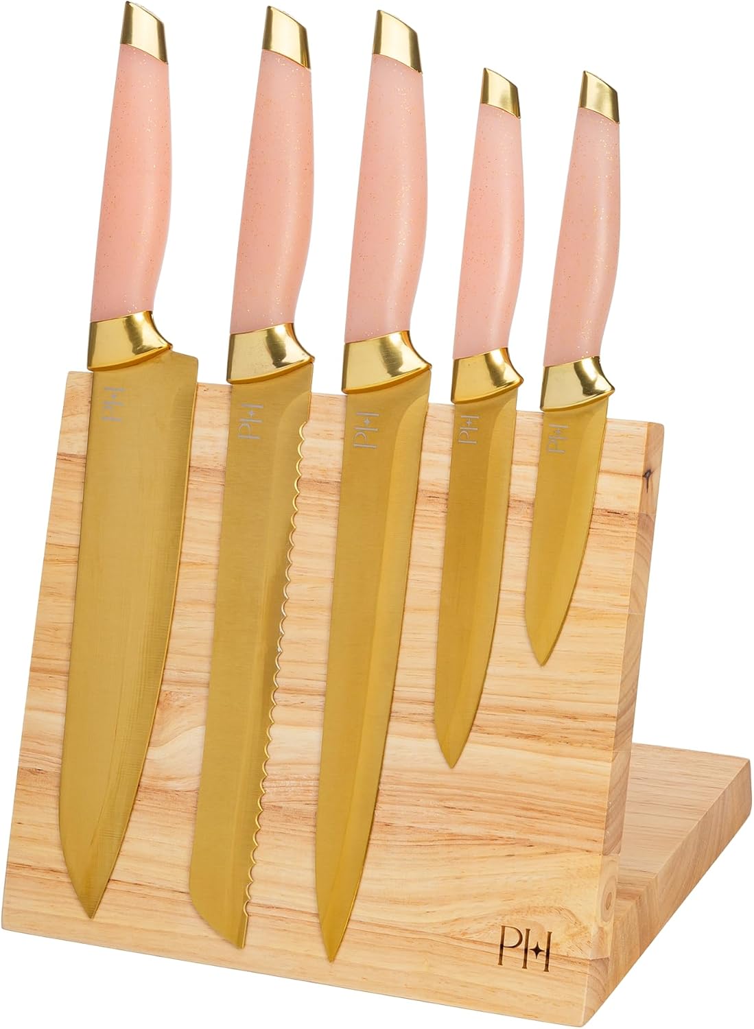 Paris Hilton Knife Block Set with Magnetic Wooden Knife Block, High Carbon Stainless Steel Blades with Titanium Coating, Sleek Comfortable Grip Handles, 6-Piece Set, Pink and Gold