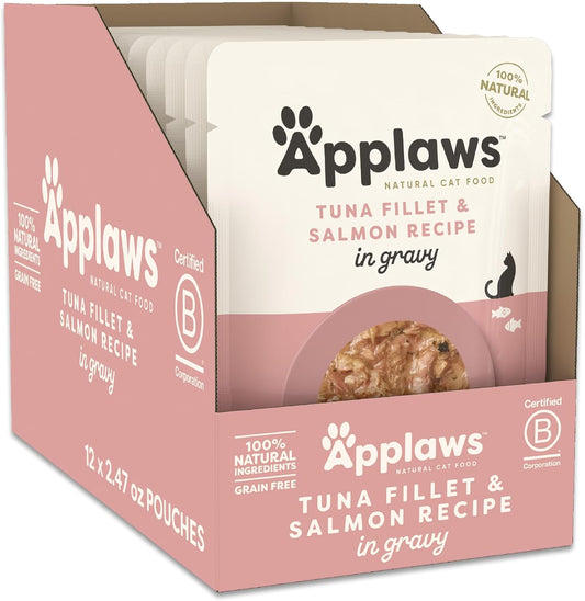 Applaws Natural Wet Cat Food in Gravy, Limited Ingredient Wet Cat Food Pouches, No Additives, Made with Natural Ingredients, Tuna with Salmon in Gravy (12 x 2.47oz Pouches)