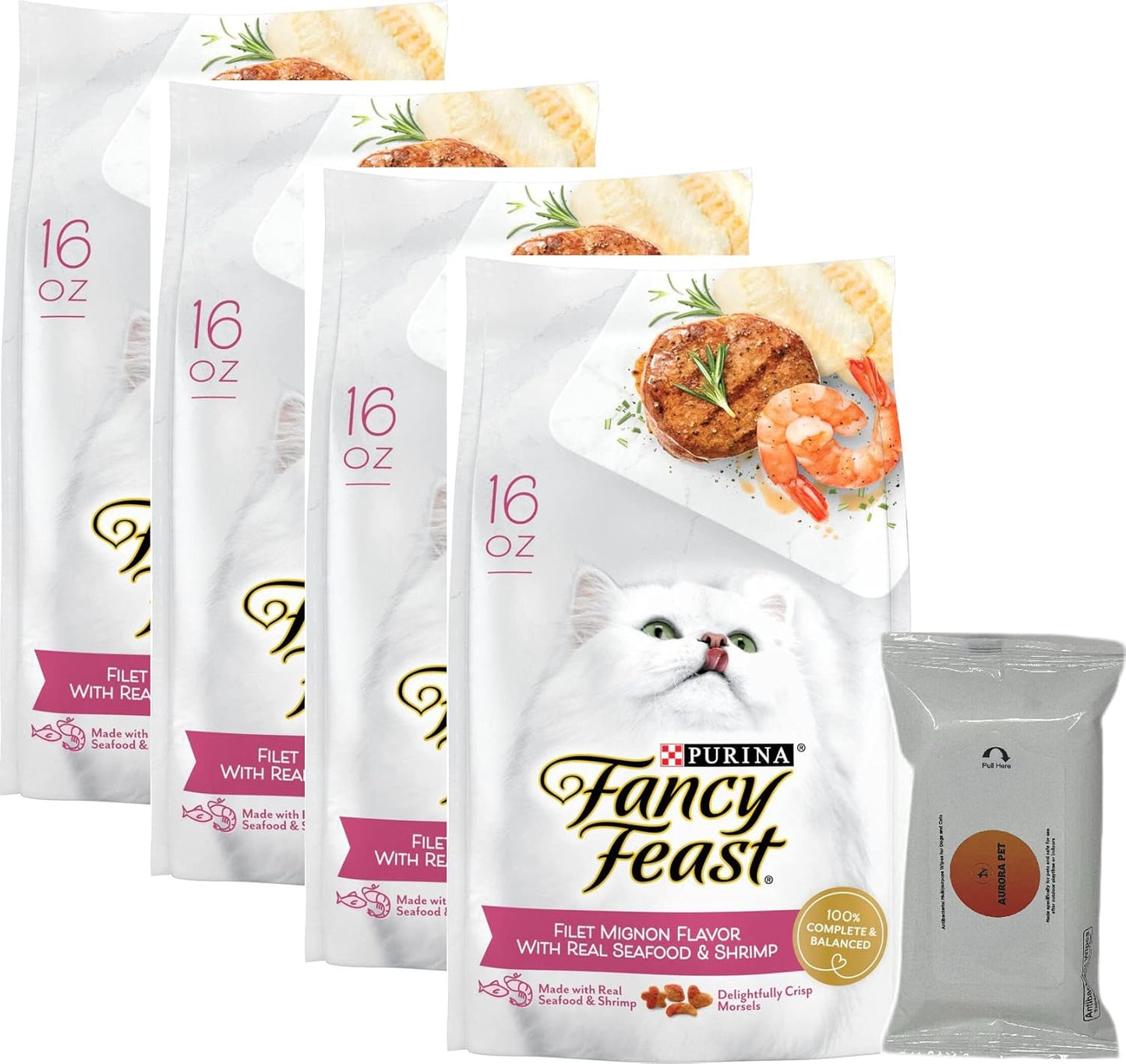 Aurora Pet Bundle Pack (4) FF Gourmet Dry Cat Food Filet Mignon Flavor with Real Seafood & Shrimp (16 oz. Bags) Plus AuroraPet Wipes