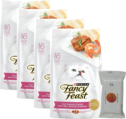 Aurora Pet Bundle Pack (4) FF Gourmet Dry Cat Food Filet Mignon Flavor with Real Seafood & Shrimp (16 oz. Bags) Plus AuroraPet Wipes