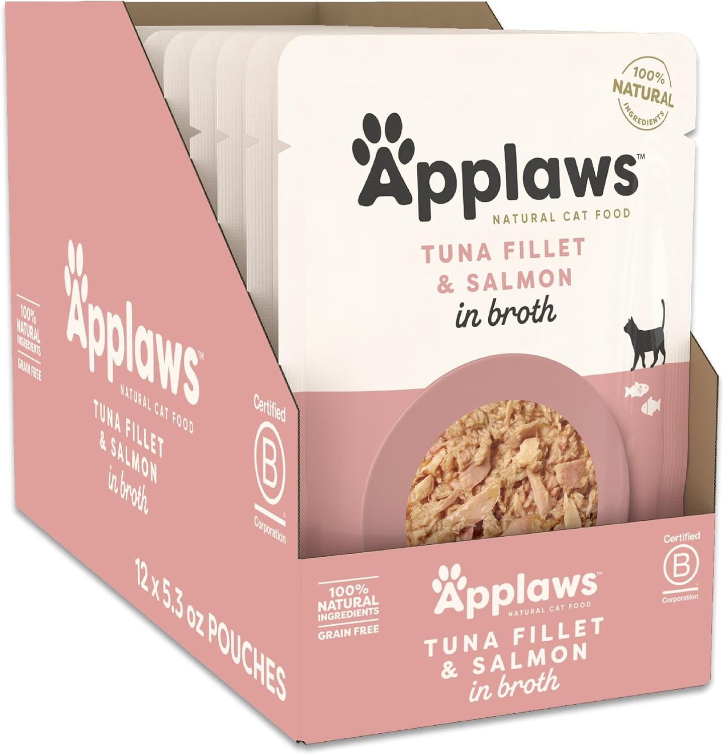 Applaws Natural Wet Cat Food in Broth, Limited Ingredient Wet Cat Food Pouches, No Additives, Made with Natural Ingredients, Tuna Fillet with Salmon in Broth (12 x 5.3oz Pouches)