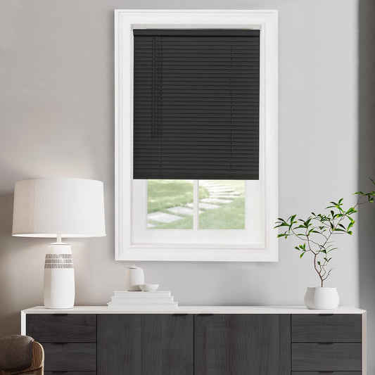 Cordless Light Filtering Mini Blind - 34 Inch Width, 48 Inch Length, 1" Slat Size - Black - Cordless GII Morningstar Horizontal Windows Blinds for Interior by Achim Home Decor