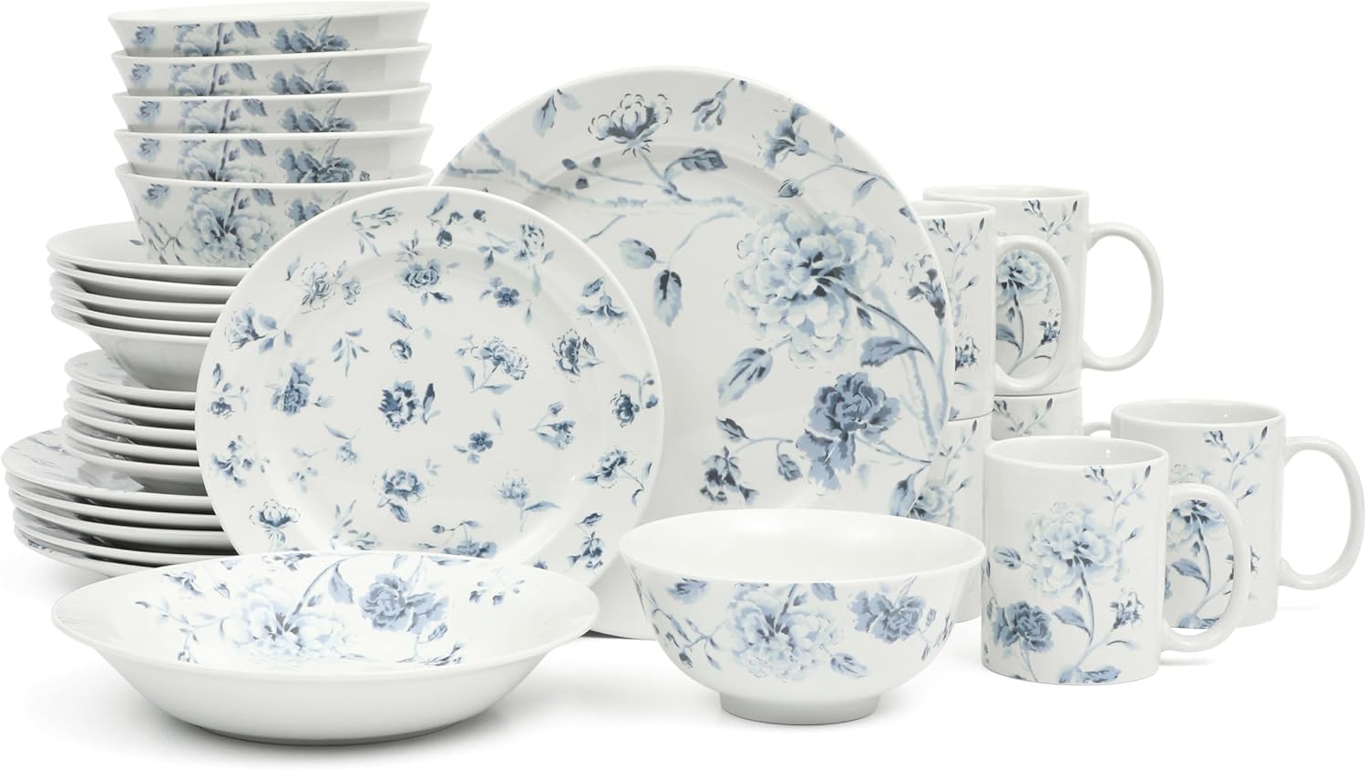 Martha Stewart Empress Bouquet Decorated Porcelain Dinnerware Plates and Bowls Set - Blue Floral, Service for 6 (30pcs)