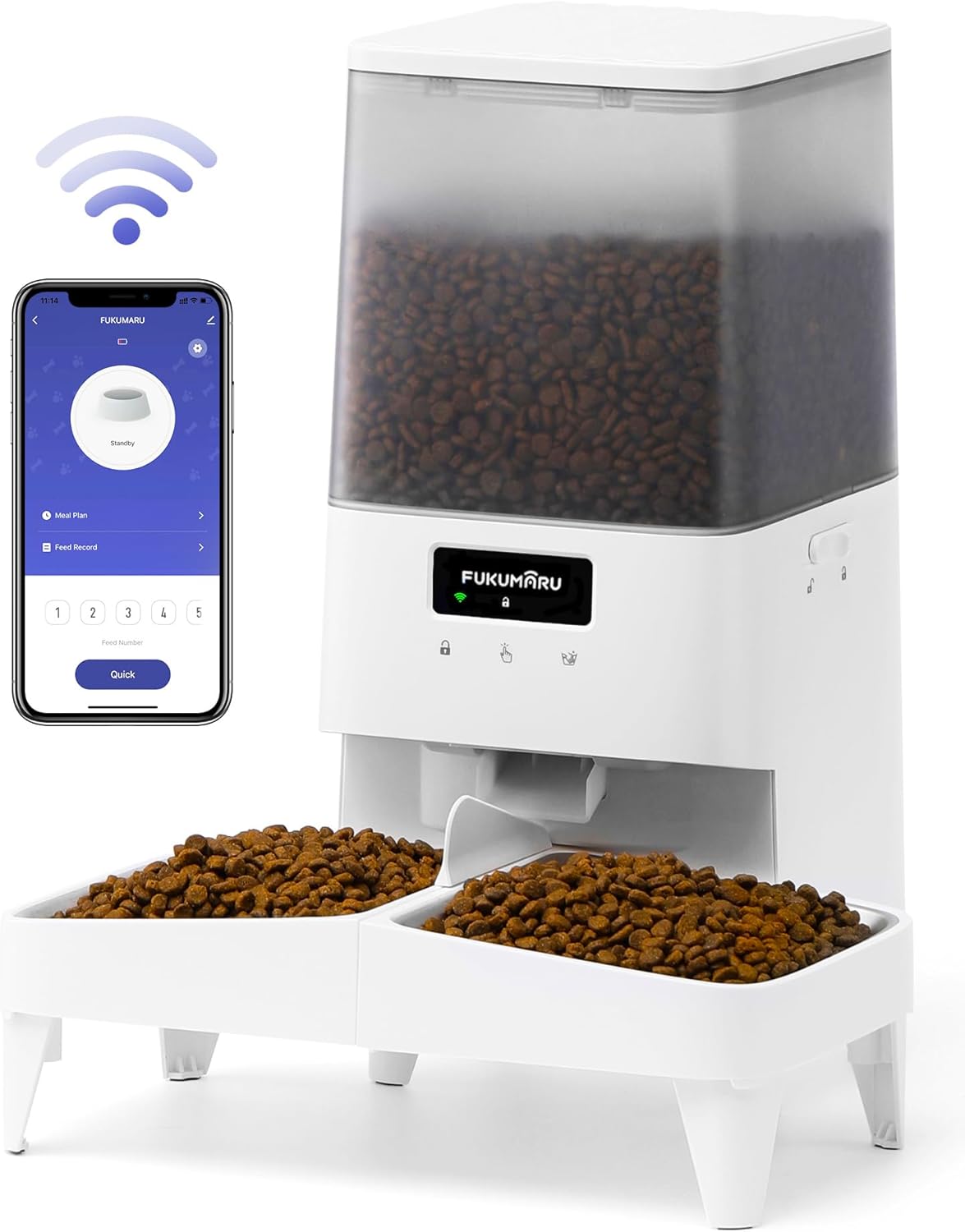 FUKUMARU Automatic Cat Feeder, WiFi Automatic Dog Feeder with Freshness Preservation, 5L Timed Cat Food Dispenser with Elevated Bowls, Up to 10 Meals Per Day, Granary Pet Feeder for Cats/Dogs