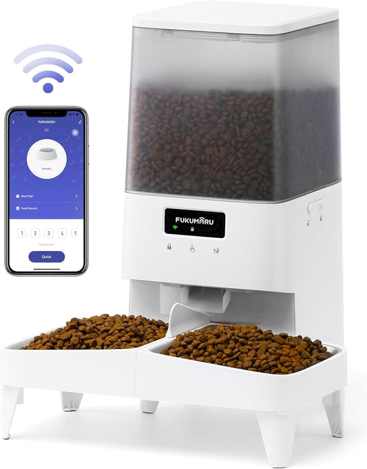 FUKUMARU Automatic Cat Feeder, WiFi Automatic Dog Feeder with Freshness Preservation, 5L Timed Cat Food Dispenser with Elevated Bowls, Up to 10 Meals Per Day, Granary Pet Feeder for Cats/Dogs