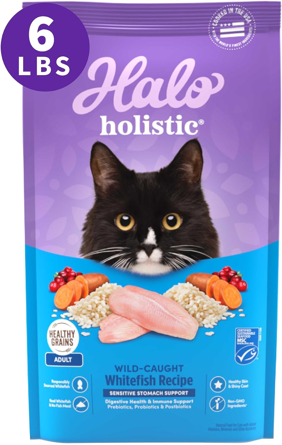 Halo Holistic Cat Food Dry, Wild-caught Whitefish Recipe for Sensitive Stomach Support, Complete Digestive Health, Dry Cat Food Bag, Sensitive Stomach Formula, 6-lb Bag