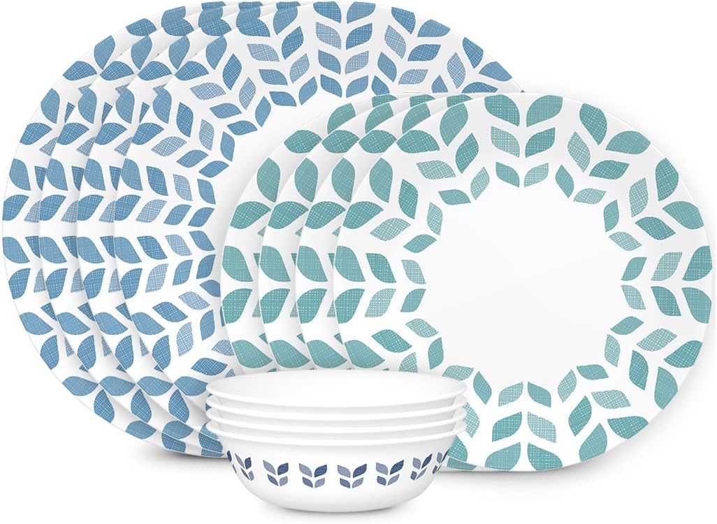 Corelle Vitrelle 12-Piece Glass Dinnerware Set Service for 4, 10.25" Dinner Plates, 8.5" Salad Plates, 18-Oz Soup Cereal Bowls, Northern Pines