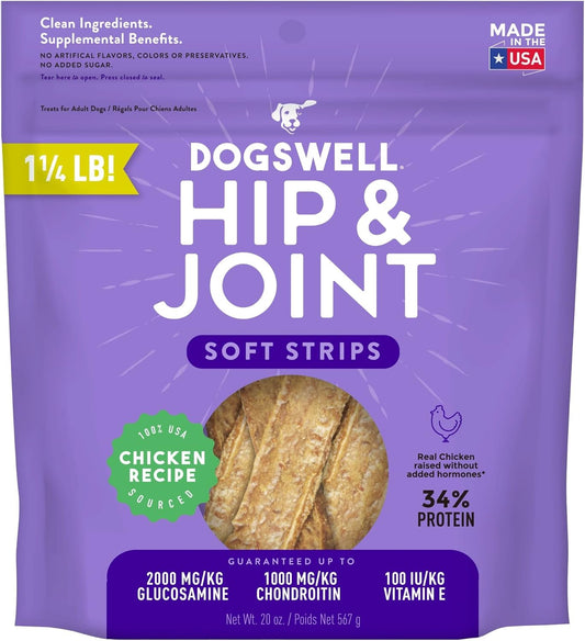 DOGSWELL Hip & Joint Dog Treats 100% Meaty, Grain Free, Glucosamine Chondroitin & Omega 3, Chicken Soft Strips 20 oz