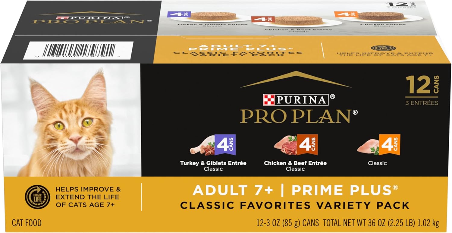 Purina Pro Plan Grain Free Senior Wet Cat Food Variety Pack Pate , SENIOR Poultry & Beef Favorites - (2 Packs of 12) 3 oz. Cans