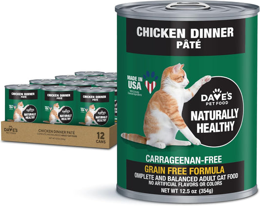 Dave's Pet Food Grain Free Wet Cat Food (Chicken), Made in USA Naturally Healthy Canned Cat Food, Added Vitamins & Minerals, Wheat & Gluten-Free, 12.5 oz Cans (Case of 12)