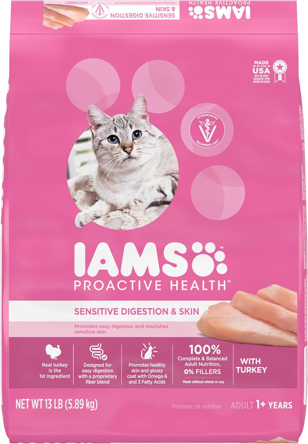 IAMS Proactive Health Adult Sensitive Digestion & Skin Dry Cat Food with Turkey, 13 lb. Bag