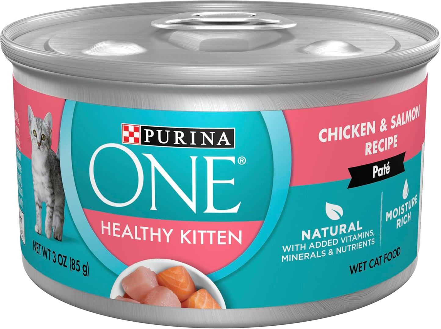 Purina ONE Grain Free, Natural Pate Wet Kitten Food, Healthy Kitten Chicken & Salmon Recipe - (Pack of 24) 3 oz. Pull-Top Cans