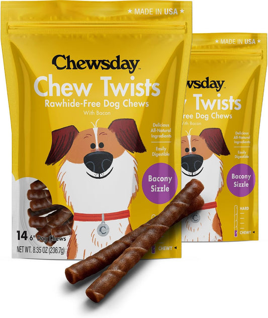 Chewsday 6-Inch Chewy Dog Chew Twists, Made in The USA, All Natural Rawhide-Free Highly-Digestible Treats, Bacony Sizzle - 28 Count