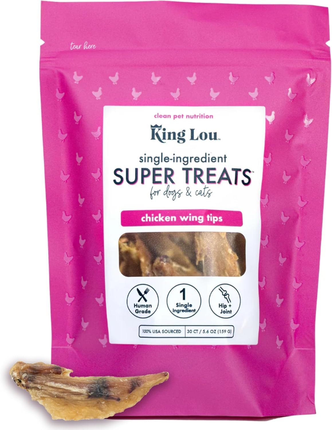 King Lou Pets - Whole Chicken Wing Tips - Dehydrated Raw Chicken Dog Treats and Cat Treats - USA-Made Pet Treats - Rich in Collagen, Glucosamine, Chondroitin for Hip and Joint Health - 30 Count