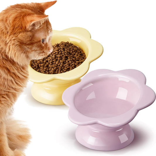 Zhehao 2 Pieces Ceramic Raised Cat Bowl Cute Flower Raised Cat Food Bowls Elevated Cat Bowls Tilted Dog Bowl Cat Dishes for Anti Vomiting Protecting Spine, Small Dog Kitten Supplies, 2 Colors